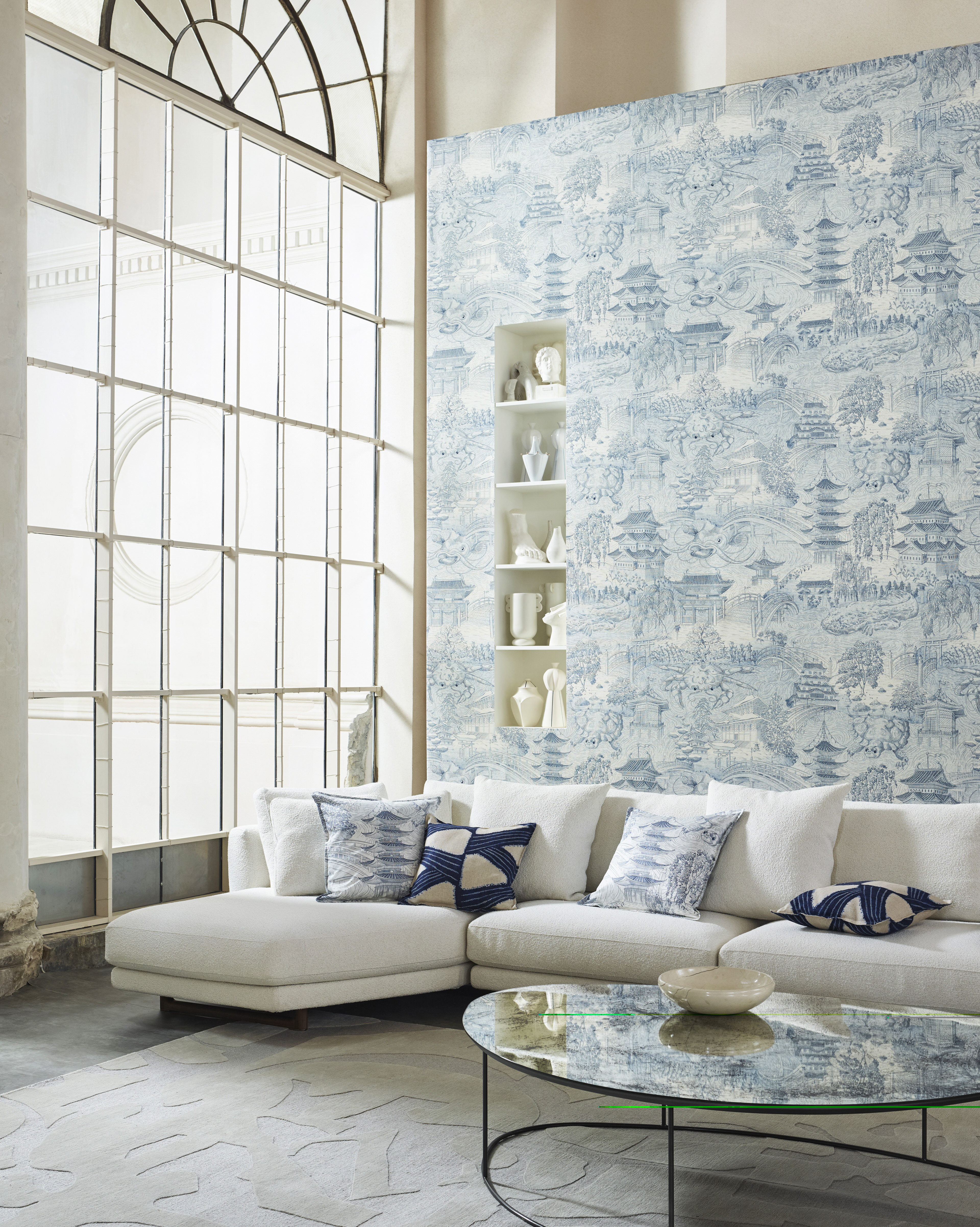 A grand interiors shot of Eastern Palace wallpaper as part of a Zoffany photoshoot.