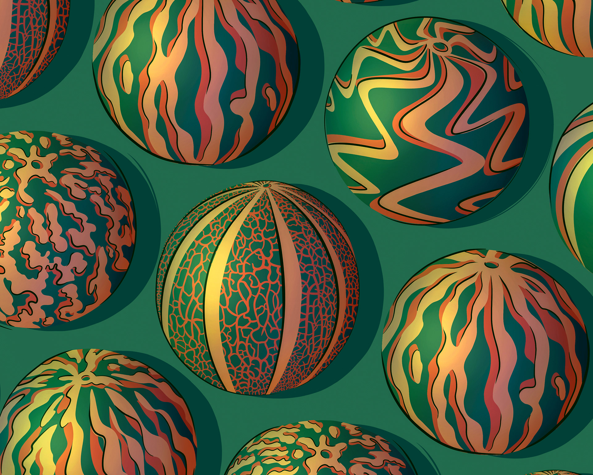 Large 3D patterned melons in green, yellow and red colourway.