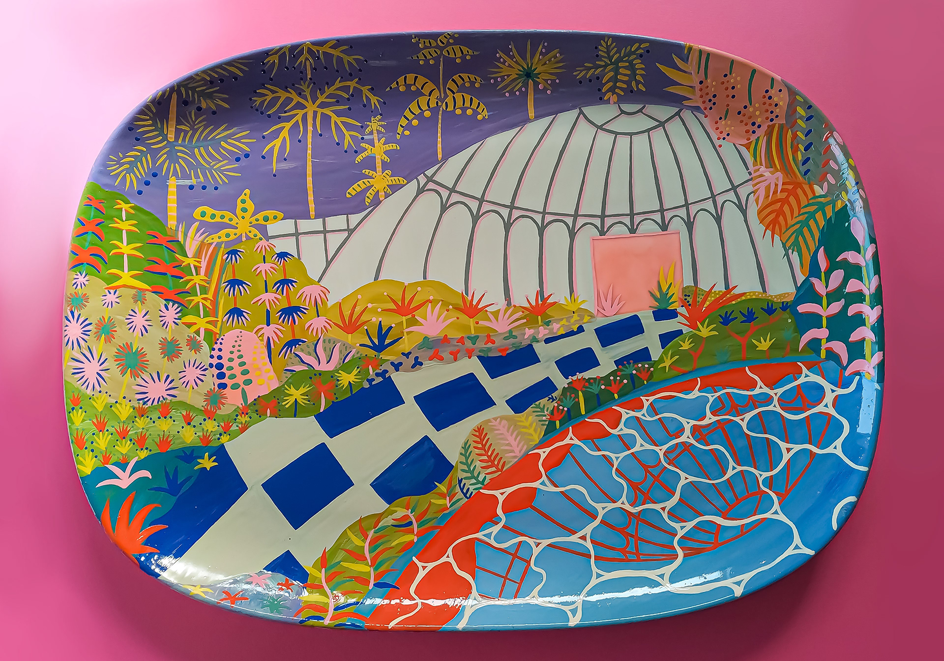 Hand-painted ceramic showing an abstract world of an overgrown neon garden and domed greenhouse.