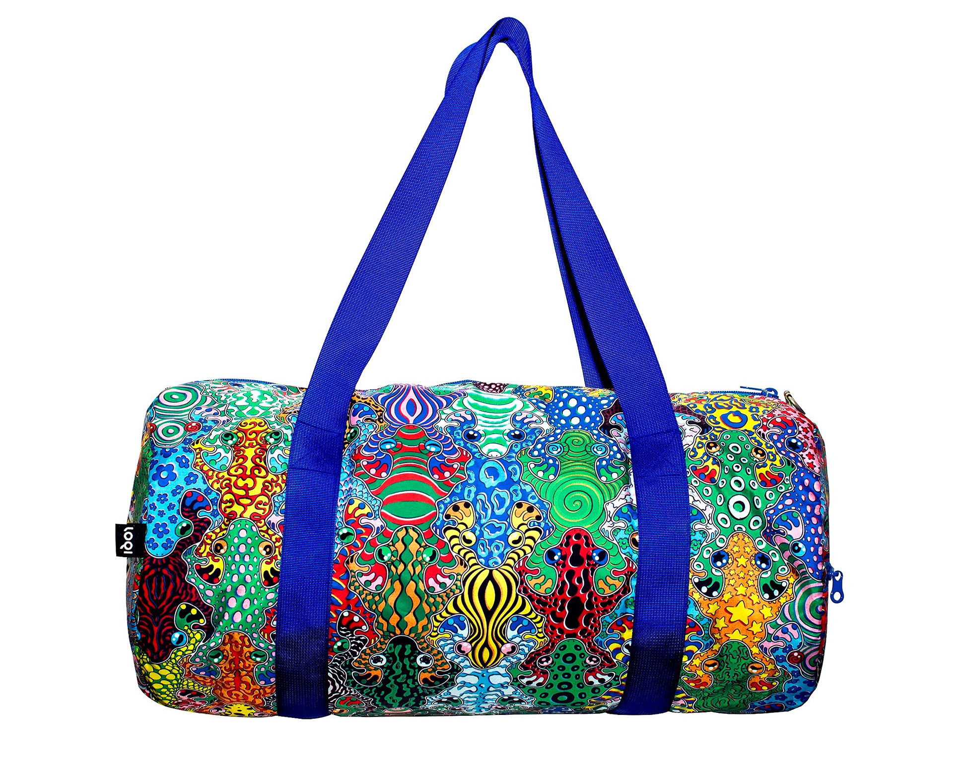 Close-up of Sam Wilde’s vibrant tessellated artwork featured on LOQI’s sustainable satchel bag.