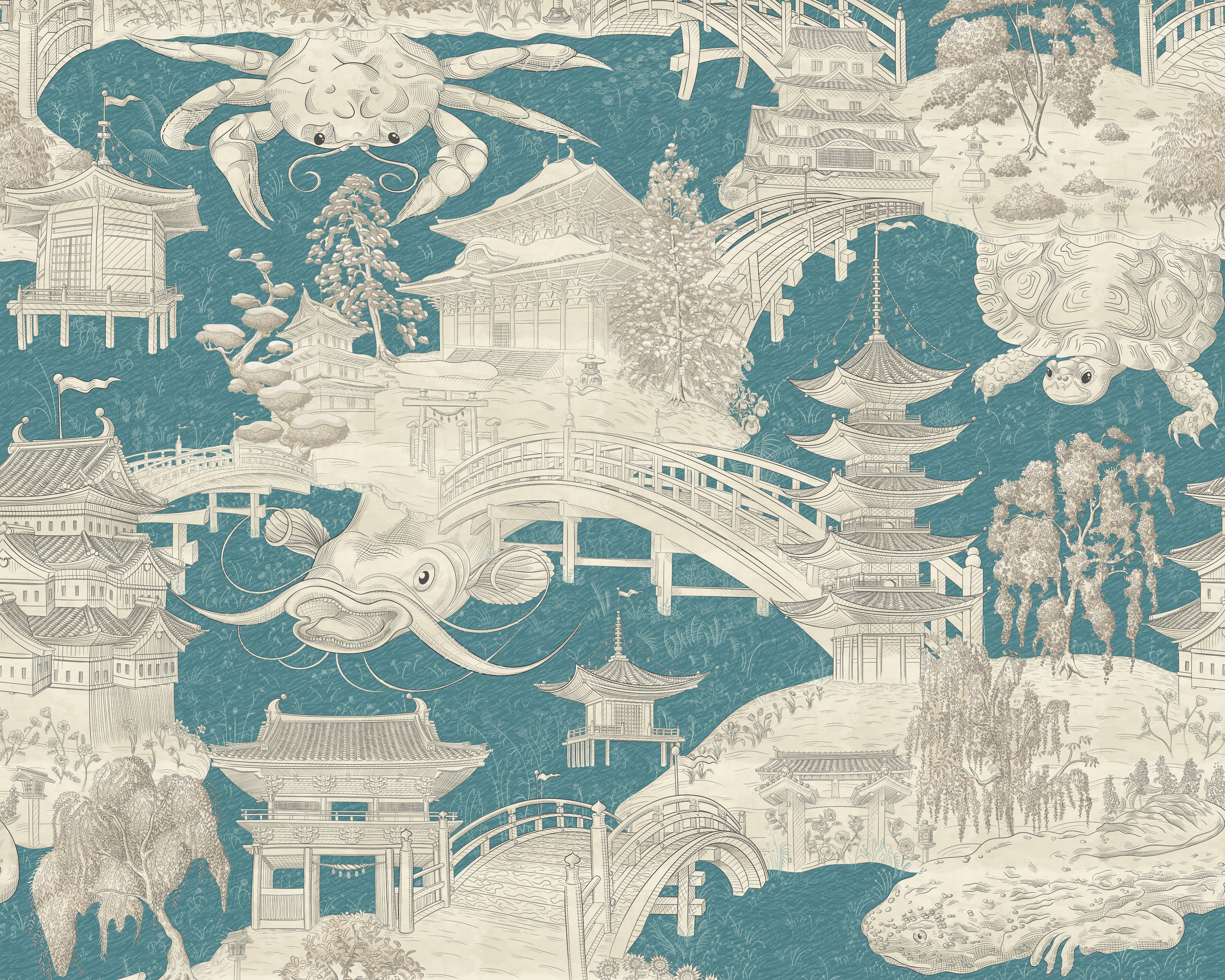 A fine art illustration depicting a lively river kingdom with islands that represent the seasons.