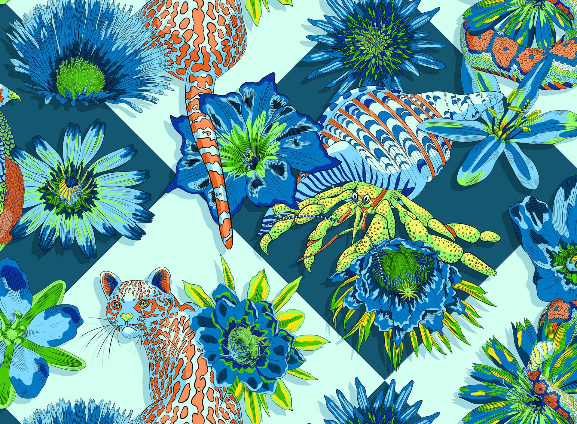 Illustrated pattern showing a yellow hermit crab in front of a tiled background surrounded by flowers.