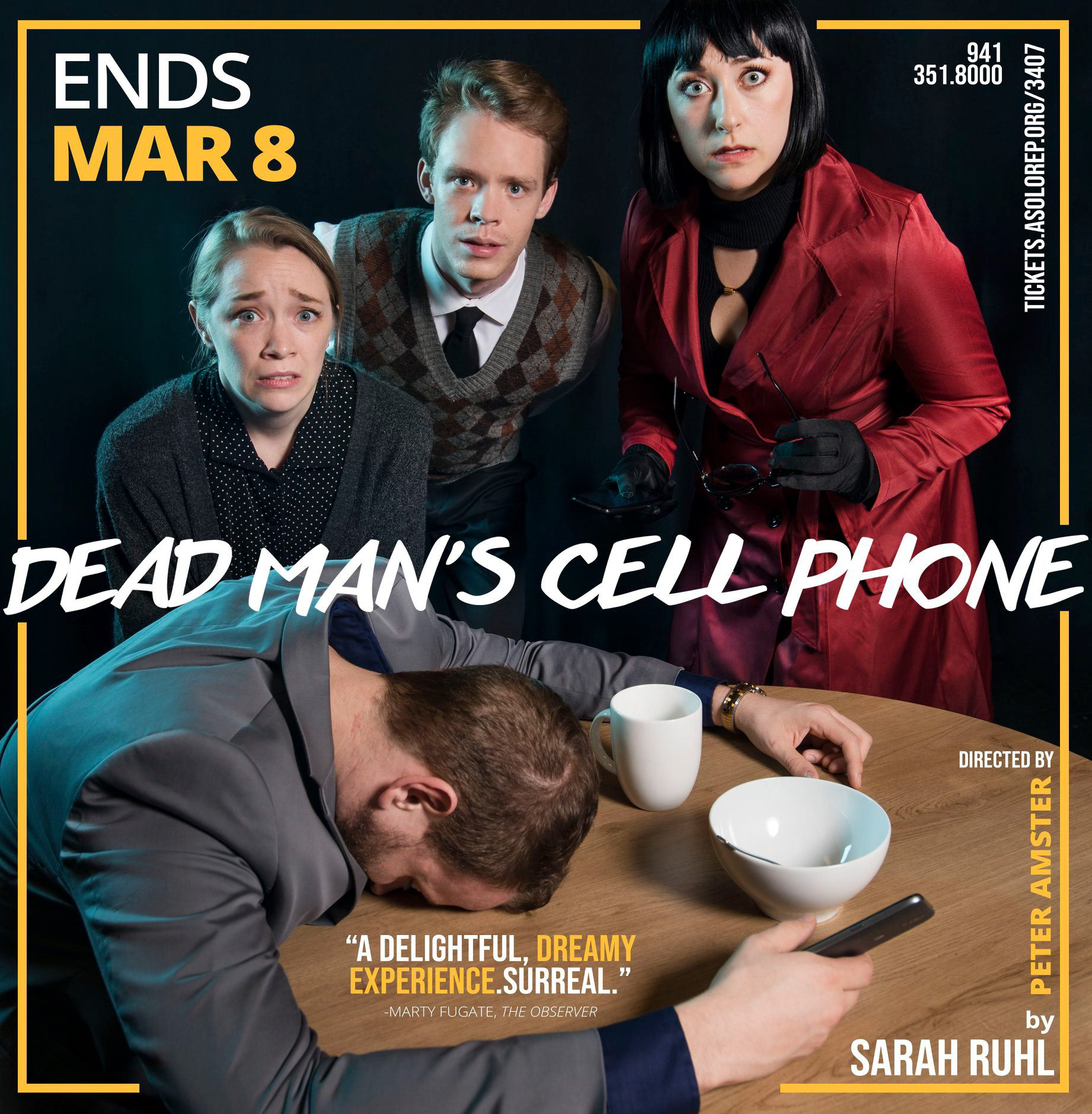 Digital graphic created using pre-production photo by John Revisky. Dead Man's Cell Phone, FSU/Asolo Conservatory, 2020.