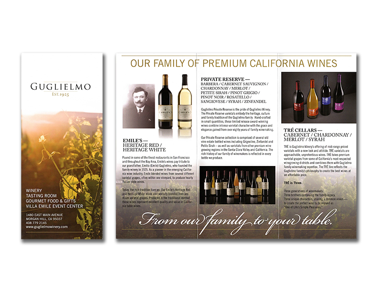 Tri-fold brochure for Guglielmo Family Winery. Morgan Hill, CA