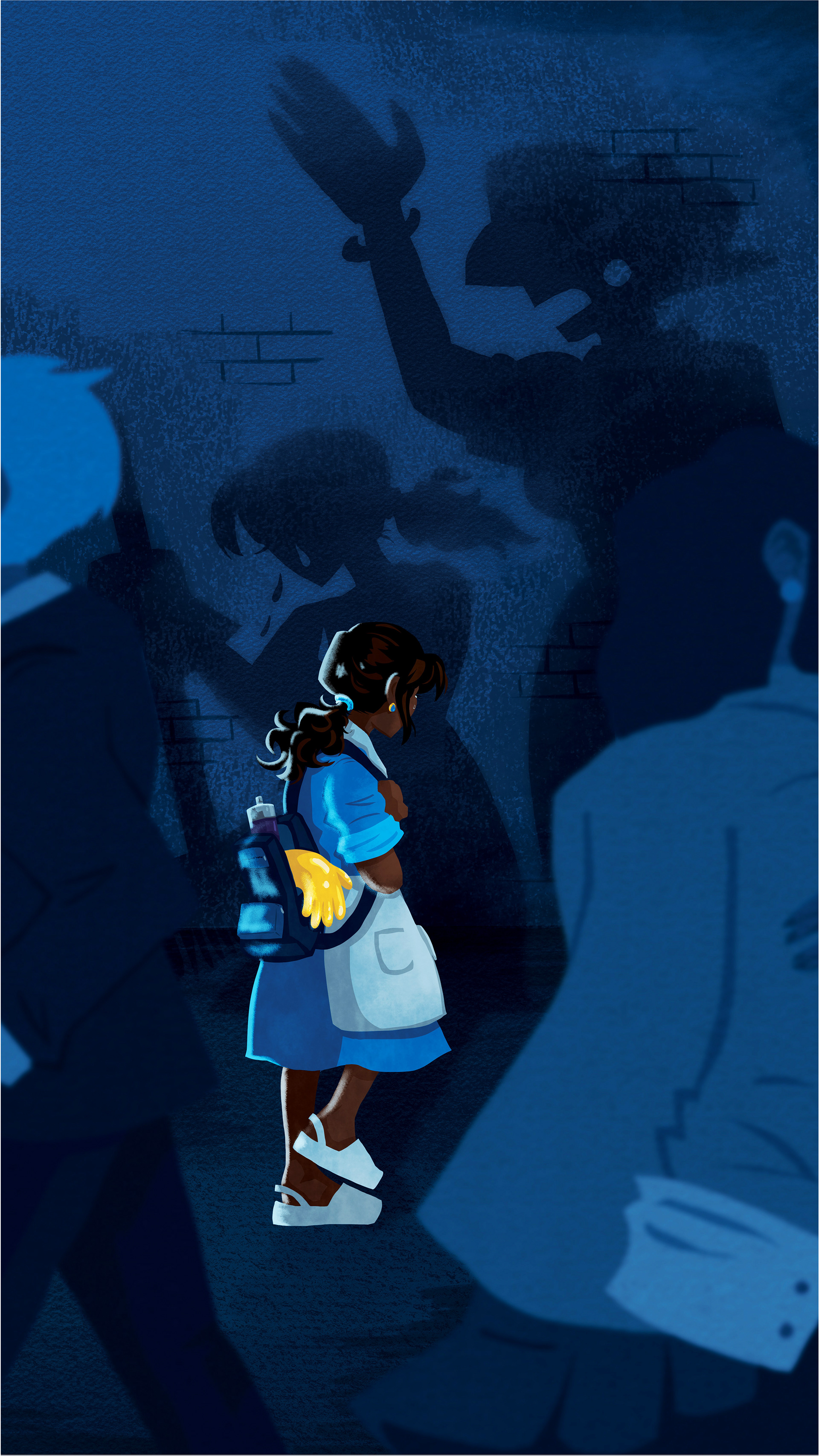 Illustration of a maid in blue attire going home. She is staring at a shadow being casted on the background that shows her workplace abuse