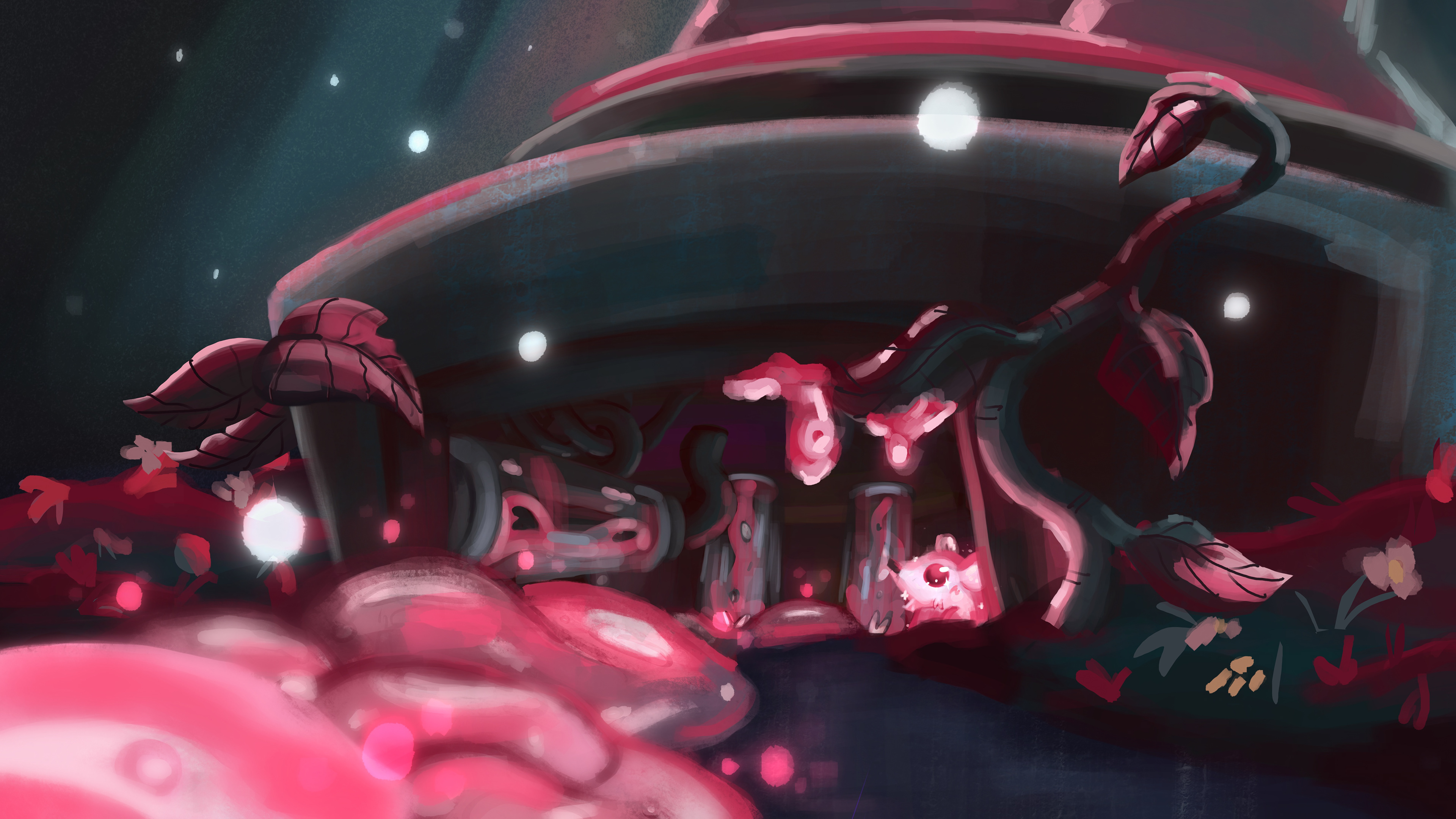 Illustration of a close up of the laboratory scene. The base of a tube is visible where you can see the inner structure, plants and a little mouse