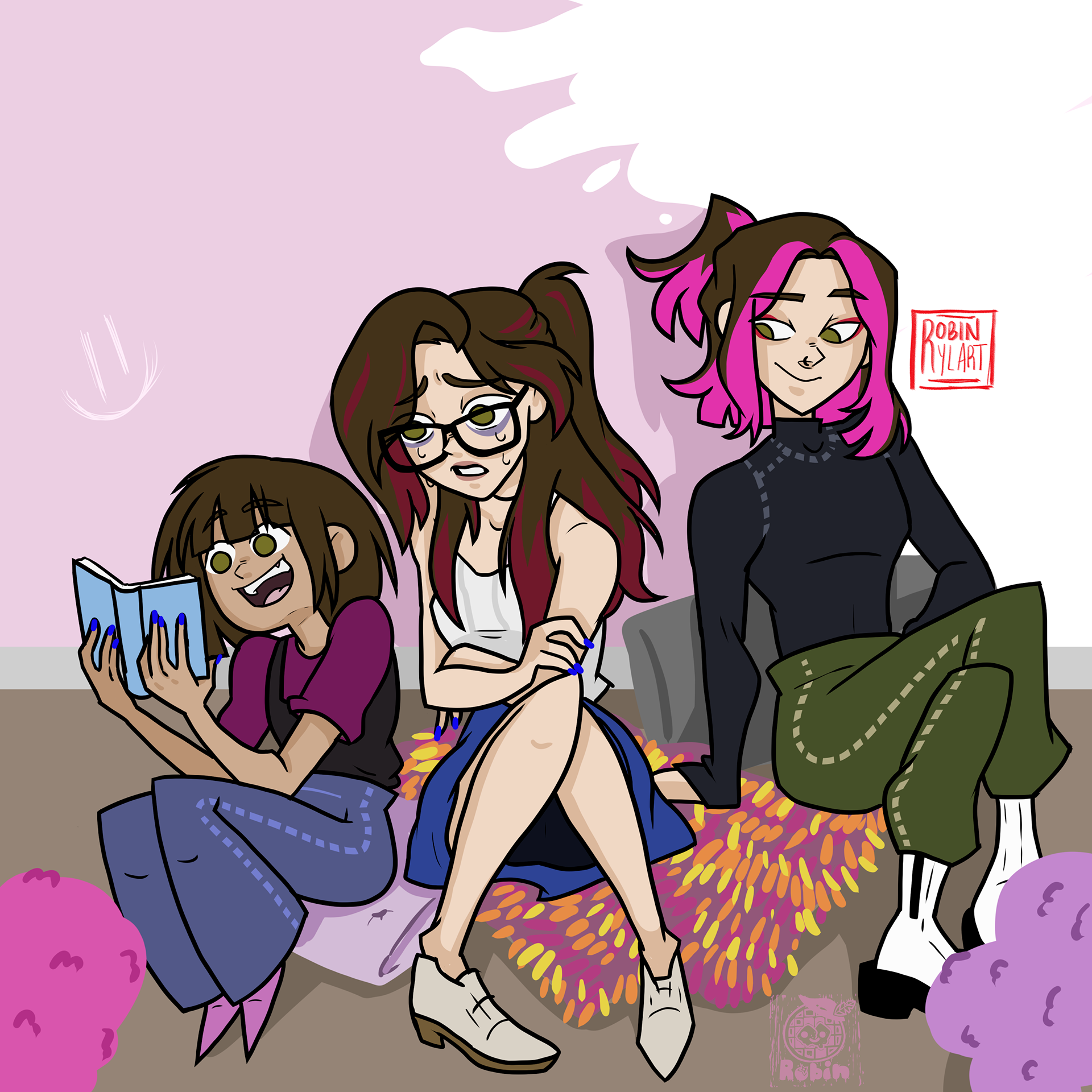 Three figures, a younger figure reading hapily, an old figure hugging herself scared and a third older figure looking at the other two figures smirking