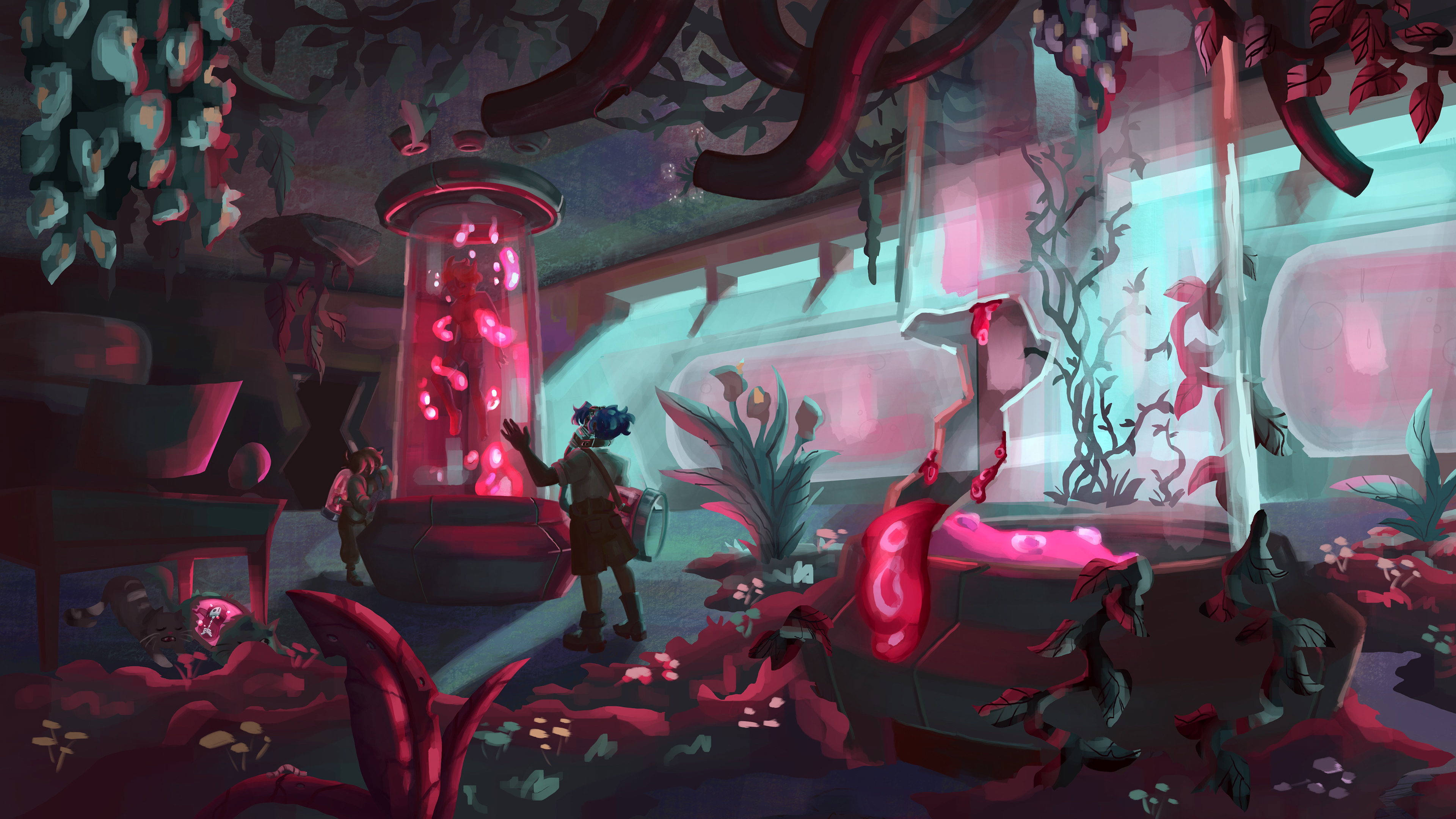 Illustration of a sci-fi lab populated by green and red plants. There are three figures, one inside a glass tube and two looking at the other figure. 