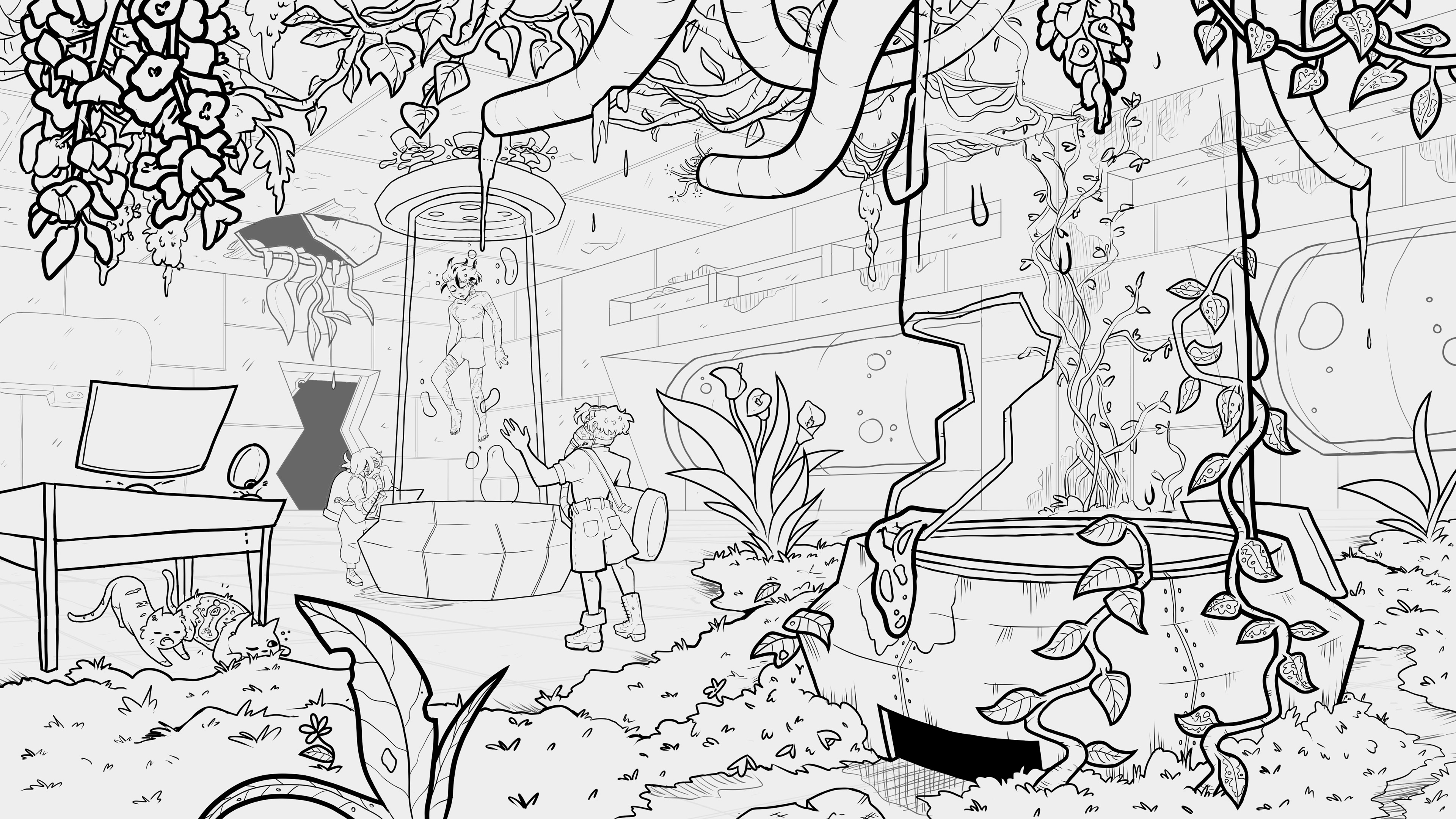 Illustration of a sci-fi lab populated by green and red plants. There are three figures, one inside a glass tube and two looking at the other figure.