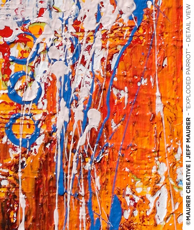 Light and flitting blue and white is flicked across the canvas, creating a contrast of textural build with lighter and softer movement of acrylic paint in this abstract modern painting by Jeff Maurer. Available for purchase in Orlando, Florida and can ship worldwide.