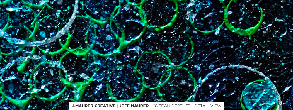 Ocean Depths has a more organic and flowing application of the circle texture overlay - manipulating the visual structure of the painting allows to evoke a different sense and energy through the paint. With a positive, upward movement, there is a feeling of an uplifting release of energy. Thank you for taking the time to view the portfolio of Jeff Maurer!