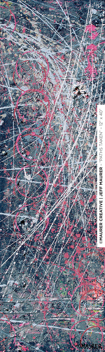 Perfect for a narrow vertical space, Paths Taken is a beautiful painting with different comforting blue tones overlaid by magenta, pink and lighter blue movement and structure. ©Jeff Maurer / Maurer Creative, this is currently available for purchase. Update your interior decor and shift the mood of your space! Based out of Orlando, FL - shipping available worldwide.