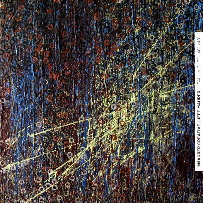 Full view of "Fall Night" by Jeff Maurer. You can see the depth of earth tones, shimmers of night sky blue peaking through the canvas and the overlay of circles in varying earth tone colors around the canvas as if they were leaves on trees. If you're interested in a custom commissioned abstract modern painting, please don't hesitate to send a message!