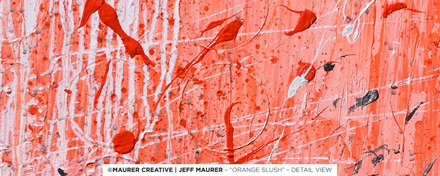 Detailed view, layering of circular texture and movement through drip and splatter. An original painting by Jeff Maurer in Orlando, Florida - available to ship worldwide.