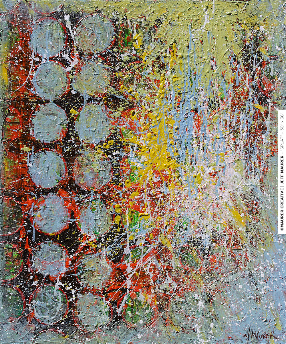 Splat - acrylic on stretched canvas, ©Jeff Maurer / Maurer Creative. Available for purchase. Blue, Green, Orange, Brown, White. Layered abstract painting providing a glimpse back through time and process.
