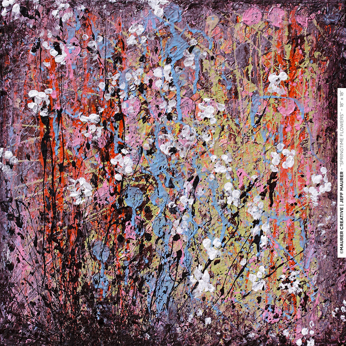 Springtime Flowers, acrylic on stretched canvas, abstract modern artwork by Jeff Maurer / Maurer Creative. Pink, Orange, Blue, White, Brown, Green.