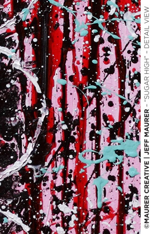 Sugar High - 14" x 49" acrylic on stretched canvas. Movement of color and taste. ©Jeff Maurer / Maurer Creative. Teal, Pink, Red , Black, White. Overlay of circles with movement of color.