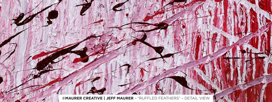 Paint is parted like a cream cheese spread across the canvas with fingers and various objects. The red and dark purple splatters are flung and flicked across the canvas, and the room it is being painted in, all while focusing on the intent of energy which is being transferred through the paint.