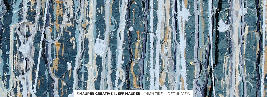 A gritty, fancy appearance to the texture underneath with a subtle horizontal movement creates the contrast to the vertical feel of the top layers of paint in this modern painting by Jeff Maurer. All of the paintings are available for delivery in the Central Florida area and can also be shipped worldwide.