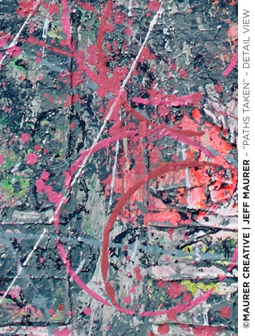 An additional detail view of the circular overlays and appearance of the history of colors used on this canvas, subtle pops of fluorescent green, yellow and orange appear in small areas.