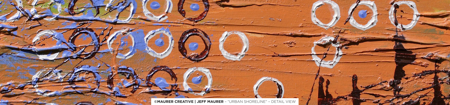 Urban Shoreline custom acrylic painting by Jeff Maurer, Maurer Creative in Orlando, FL. Detailed view of work - 20" x 20" each, triptych, available to purchase. Blues, greens, orange, white, brown. All panels were painted while attached together, and then separated / finished for the final product.
