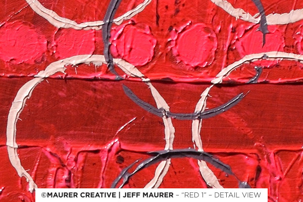 A detail view of Red 1, showing the build up and relief of texture on the canvas.