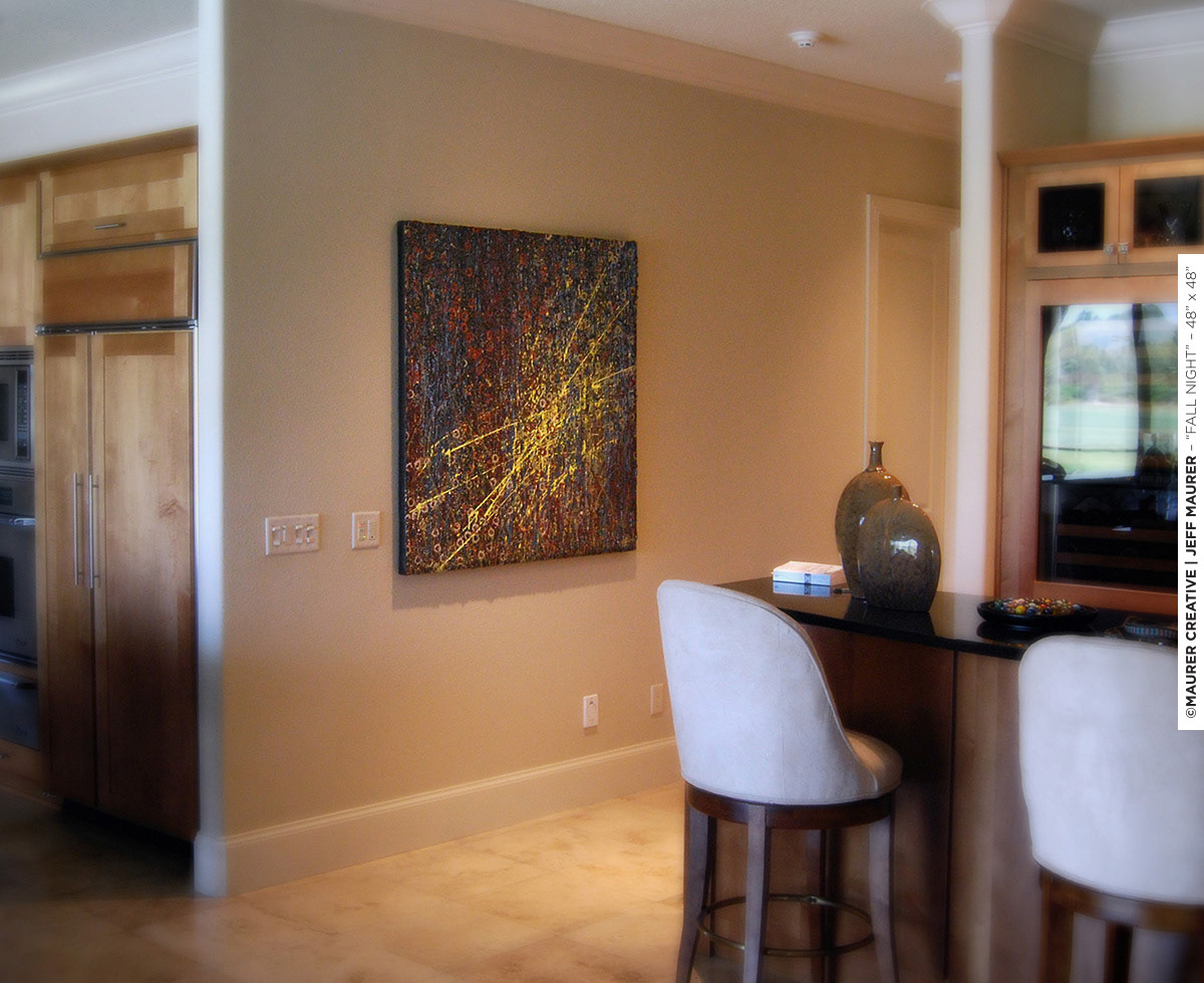 Fall Night, a custom commissioned painting created for a private residence in Florida, is 48" x 48" acrylic on stretched canvas. Dark earth tones with varying color circlular overlays, and a bright refracted streaks of yellow overtop create a focal point for this painting by Jeff Maurer. This abstract modern acrylic artwork was originally painting in Orlando, Florida.