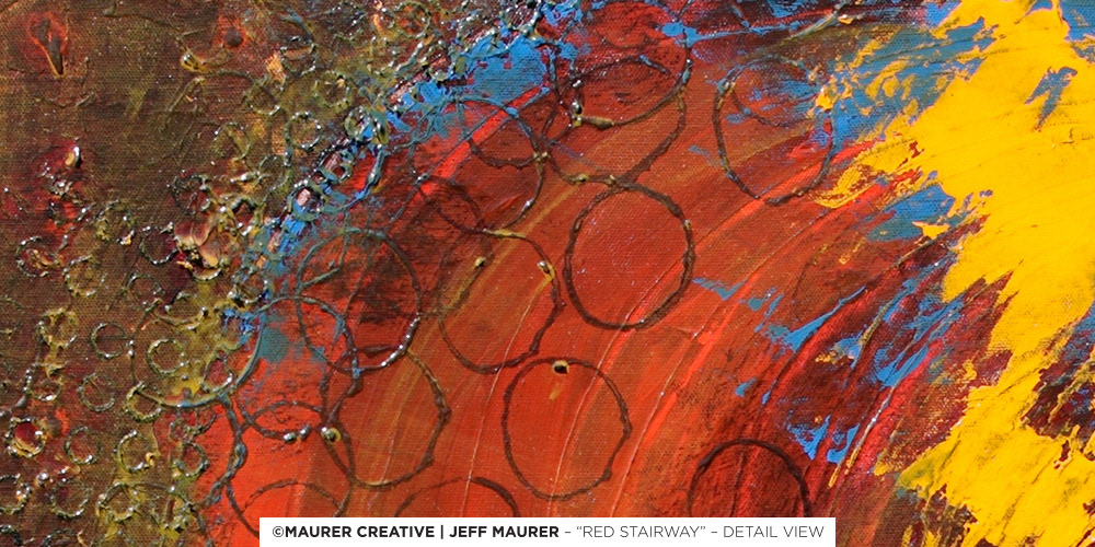From the dark & heavy bottom of the painting to the top, right portion shown here, it gradually gets lighter and brighter as your eyes move across the painting.