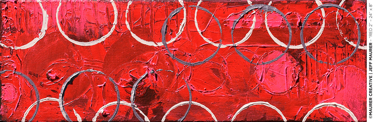 Red 2, the top / left canvas in the series. A beautiful combination and blending of light to dark variations of red, integrated across the series with style of application and unifying circles. An energizing display of passionate red colors will bring life to any room.