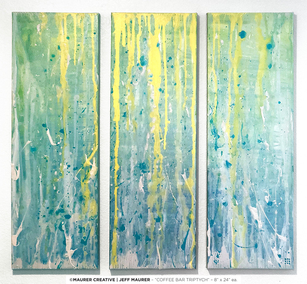 Coffee Bar Triptych is a set of three 8 in. by 24 in paintings, originally painted together and then separated apart for display.