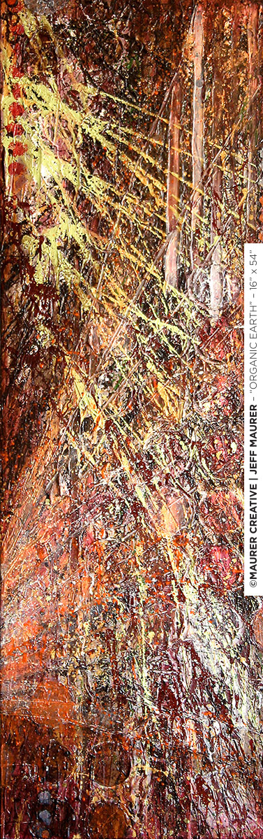 Full view of Organic Earth, earth tones mixed with a directed overlay of yellow, blended with texture and movement. Painted by Jeff Maurer for a private residence in Florida, customized for the chosen location in the home as well as designed to compliment the color palette and interior design. Originally painted in Orlando, Florida by Jeff Maurer and delivered / installed for the client on site.
