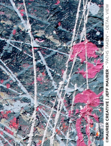 A detailed view of a portion of Paths Taken, showing the underlaying blending of dark & medium blue tones, and overlayment of splats, splashes and streaks of paint.