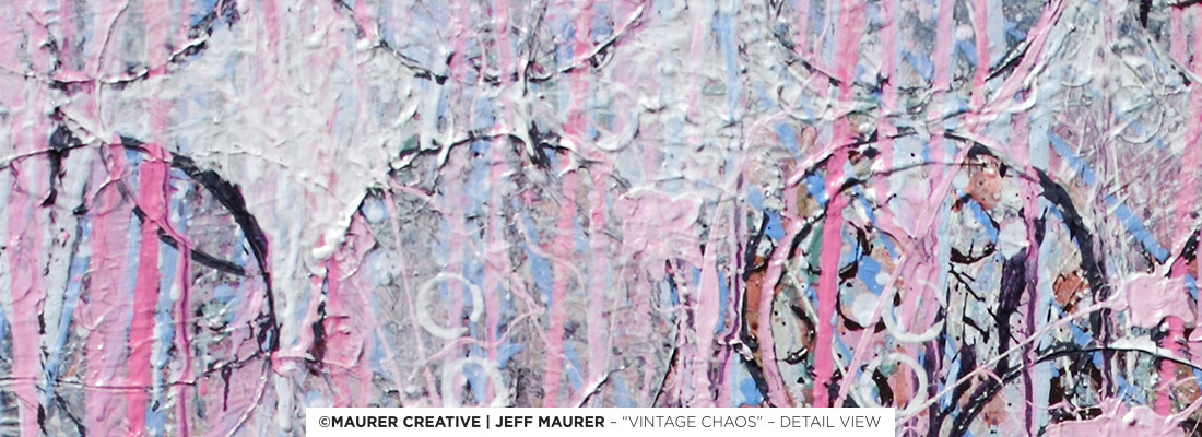 A detailed look at the more buttery, icing like overlay of white ... a more translucent glimpse into the history of the painting in this section. White, pink, blue, brown, black.