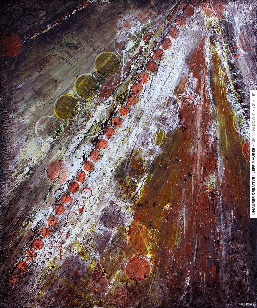 Shining Down - 36" x 48" acrylic on stretched canvas. Abstract modern art / painting by Jeff Maurer / Maurer Creative. Rays shining down from above in browns, golds, metallics, whites & yellows.
