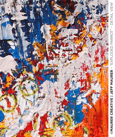 This detailed view of Exploded Parrot shows the angular intersection of blues, orange, yellow and off-white acrylic paint. Jeff Maurer originally painted this in Orlando, Florida - the colors evoke those of a brightly colored parrot and have the energy and excitement of activity. This is one of the earlier works Jeff Maurer created, perfect for a narrow vertical wall space in your home or office!