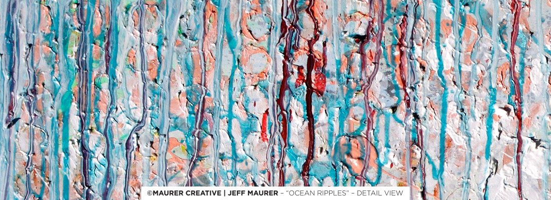 A detailed look at part of the upper blue portion of the canvas, this was painted in central florida. Artist and designer Jeff Maurer worked through various stages for this painting, not quite being settled into how it looked until this final solution presented itself. The acrylic paint on this modern and contemporary artwork builds a fluid texture across the canvas.