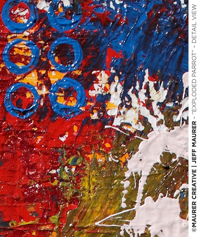 Jeff Maurer's signature use of circles (either as texture, design elements or a combination of both) is shown here, blended in with a variety of colors and texture coming from every direction. Structure combined with spontaneity, an organized and effective chaos, creating balance and order from what should seemingly be disorganized.