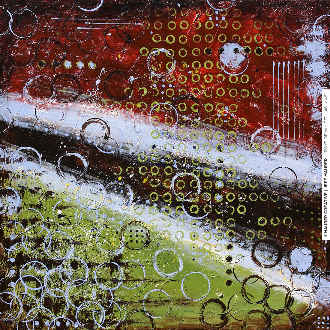 Rays of White, acrylic abstract modern painting by Jeff Maurer / Maurer Creative in Orlando Florida. Abstract modern artwork is available for purchase, 48" x 48". Red, white, green, brown.