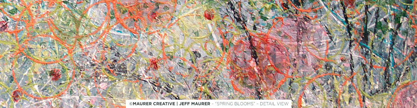 Bright overlapping colors and textures move throughout this abstract modern painting.