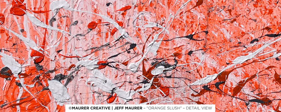 Detail view showing the movement and texture across the center portion of the canvas of Orange Slush by Jeff Maurer, painted in Orlando, Florida. This painting is available to purchase.