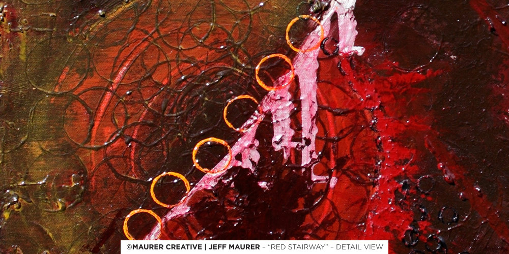 Detailed view of Red Stairway, a glossy layering of reds, yellow and brown, intersected by orange circles stepping their way up a white path. Movement from bottom left to top right.