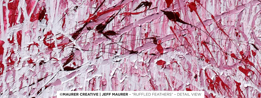White an pink paint blending together, both dripping down the canvas and running across it. Ruffled Feathers evokes a bright and vibrant feeling inside.