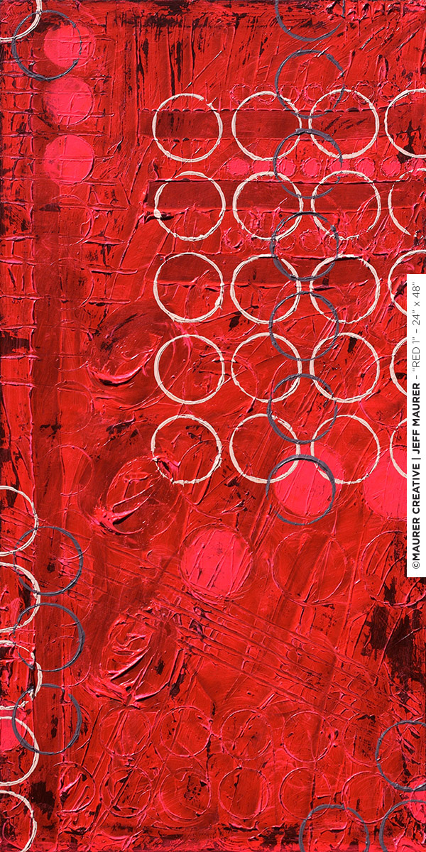 Red 1, the bottom left painting shown in the above series by Jeff Maurer. If red is your color, this series of paintings is definitely for you! Full series is available for purchase. A base of deep / dark reds and blacks is built up on top with varying shades and textures of red, finished with both gray and white circles.