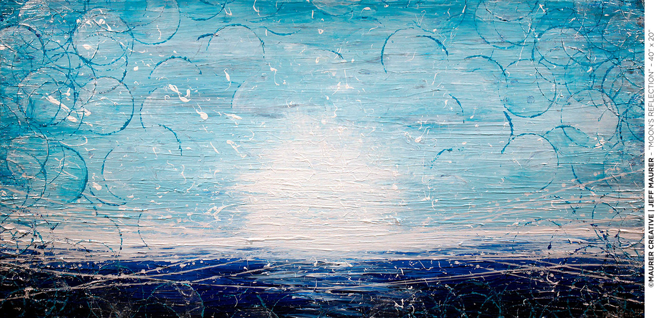 Jeff Maurer created this custom commissioned painting for the private buyer, and is a great example of how his style of work applies when commissioned to do a piece with an emotional direction and/or provided topic or subject matter. Visual interpretation can be provided in many forms through artwork, with this being one example of creating a truly unique gift to a family in celebration and inspiration for their child whose name translates to "moon over water." Please contact Jeff Maurer / Maurer Creative if you're interested in having your own custom artwork created!