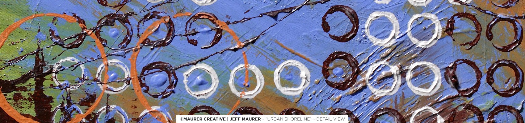 Urban Shoreline custom acrylic painting by Jeff Maurer, Maurer Creative in Orlando, FL. Detailed view of work - 20" x 20" each, triptych, available to purchase. Movement across 2 panels, great for above sliding doors, thin and long wall space or above furniture.