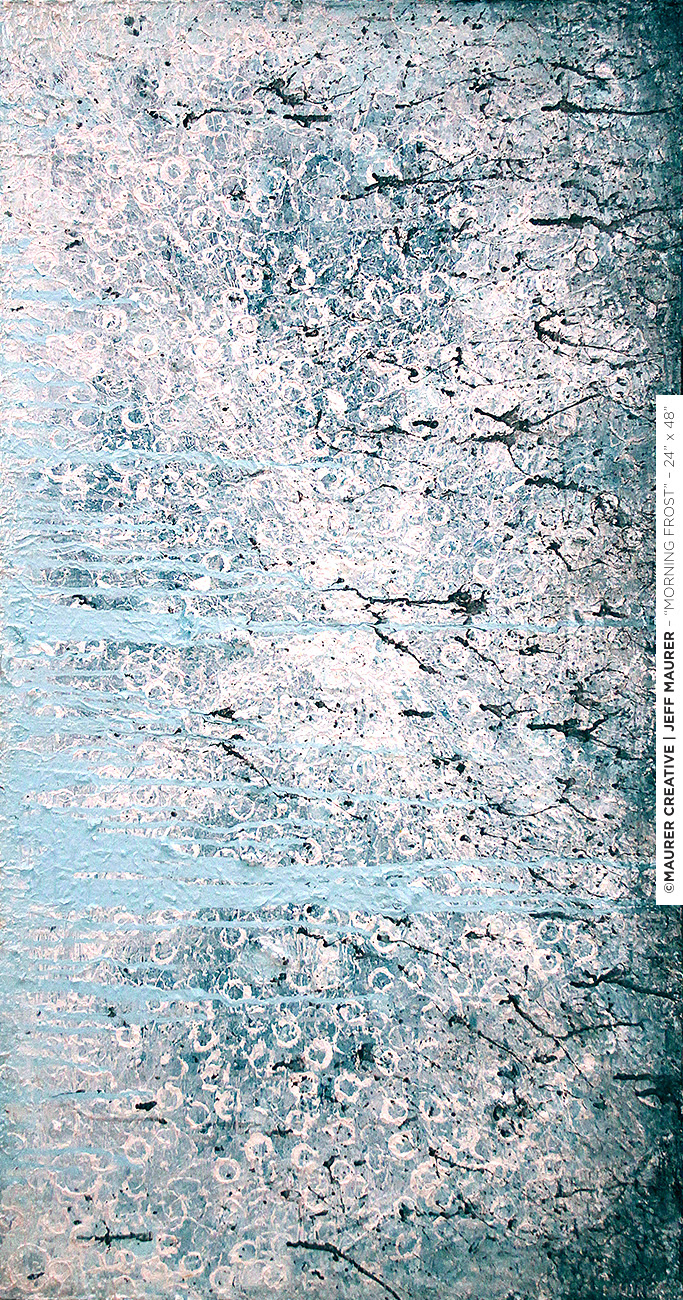 Morning Frost is an abstract modern acrylic painting composed of icy blues and whites, a vertical painting with a contrast of horizontal and angular movement overlaid on top of each other.