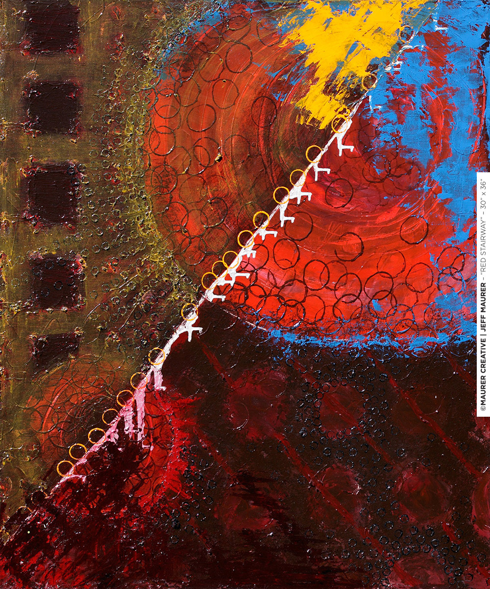 Red Stairway, 30" x 36" acrylic on stretched canvas. ©Jeff Maurer / Maurer Creative. Abstract modern painting in Orlando, Florida available for purchase. Depth and saturation of reds moving up to a relief of blue & orange.