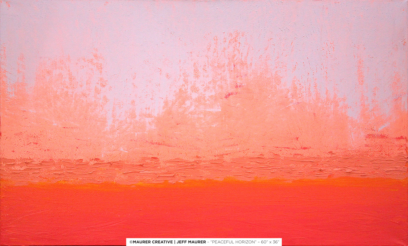 Abstract modern acrylic painting by Maurer Creative, Peaceful Horizon is a horizontal take on a horizon line. A mixture of oranges, reds & warm blues.