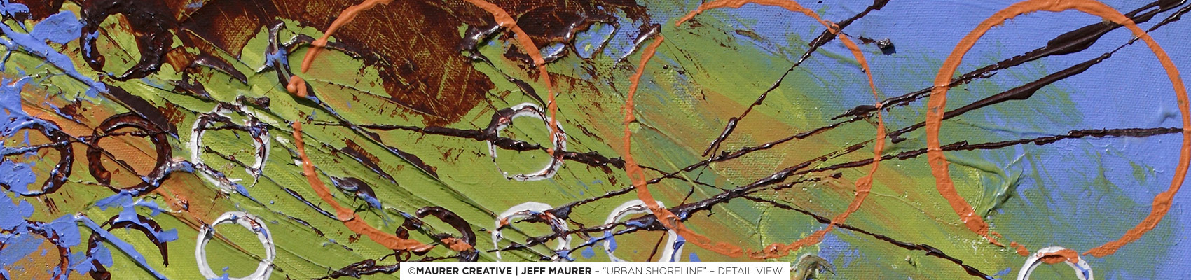Urban Shoreline custom acrylic painting by Jeff Maurer, Maurer Creative in Orlando, FL. Detailed view of work - 20" x 20" each, triptych, available to purchase. Blues, greens, orange, white, brown. For me this evokes an industrial & urban feel... concrete along a river with shipments coming and going.
