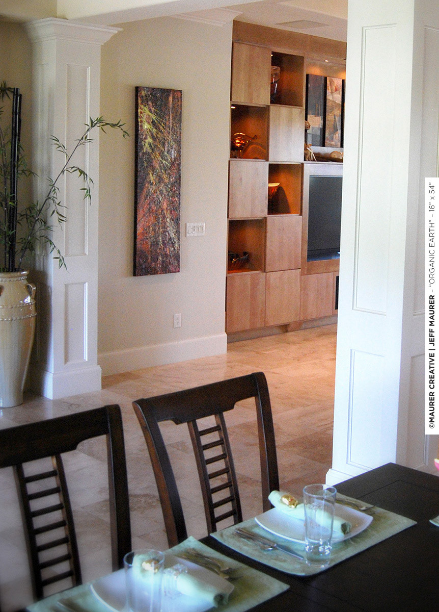 This is a custom, commissioned painting for a private residence in Florida. "Organic Earth" was created to reflect the morning light shining through the front of the house, relaying warming florida rays designed in the earth-tone color palette of the home.